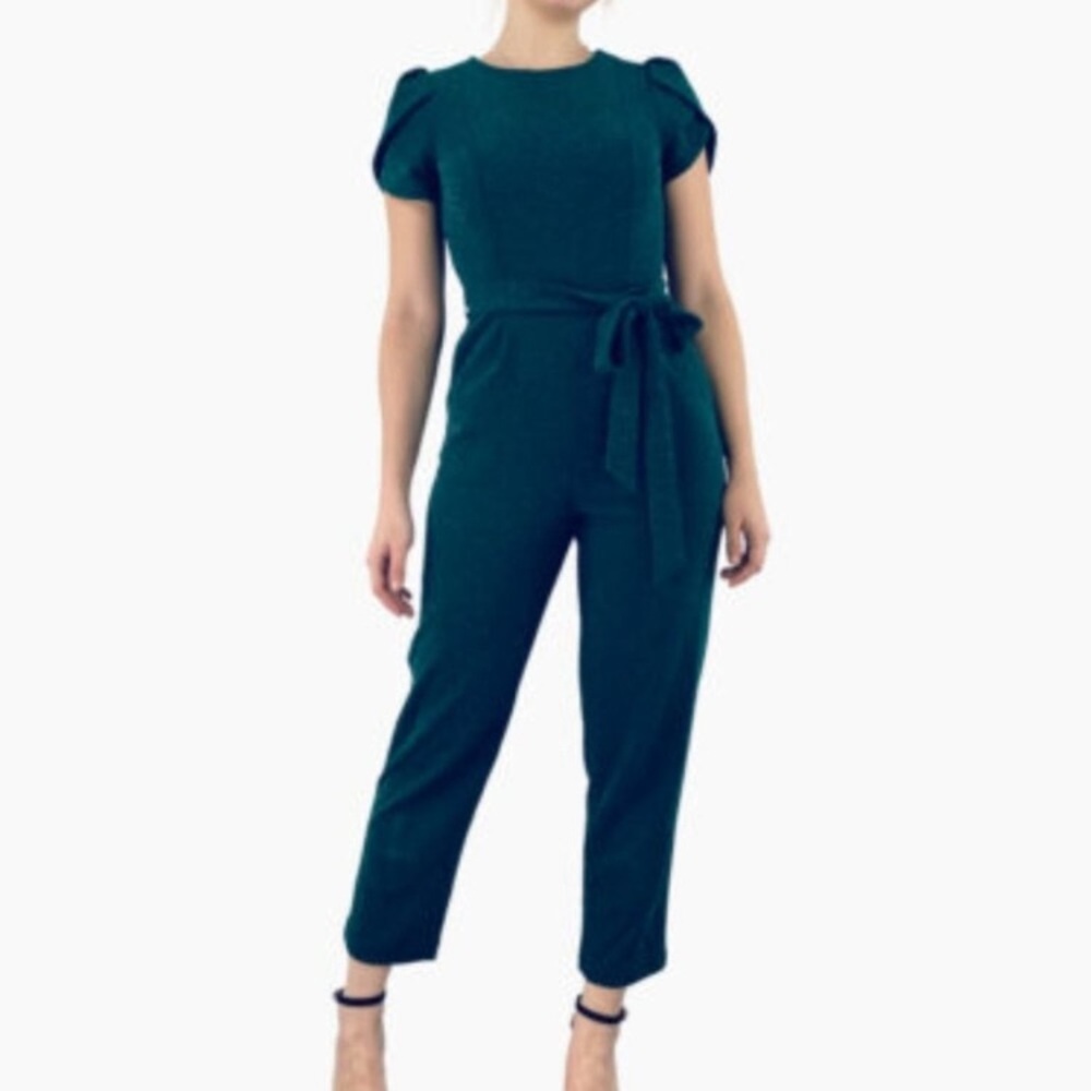Calvin Klein Teal jumpsuit with gold zipper and tie belt, Size 4
